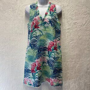 Womens Shift Dress Green Palm Tree Linen Sleeveless Ruffle V-Neck Frayed Hem